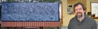 A composite image including a headshot UNE's Stephen Burt and a painting of Burt's displayed on a highway billboard